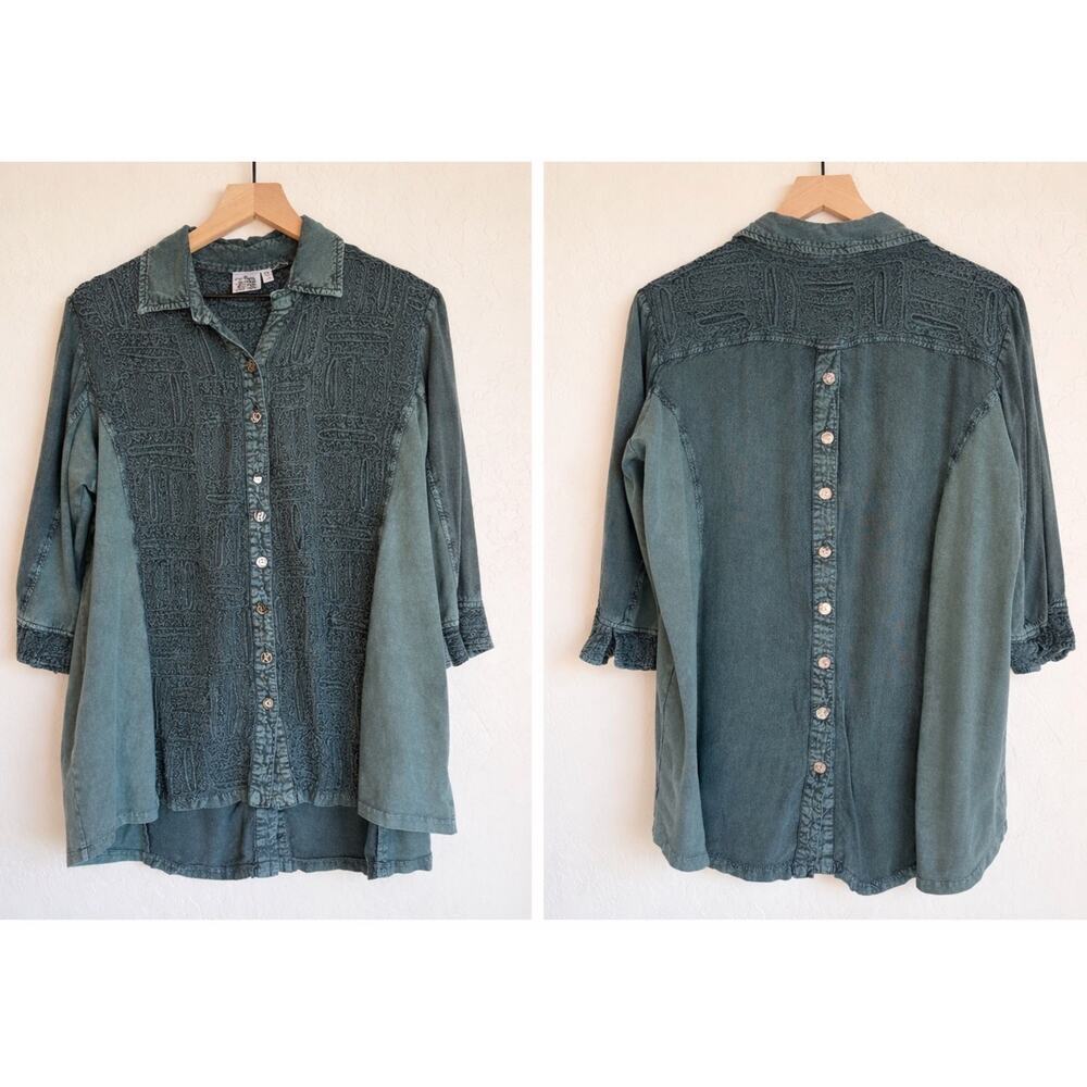 Parsley & Sage Women’s Olive Green Tunic Size 1XL Embroidered Lagenlook Art Wear